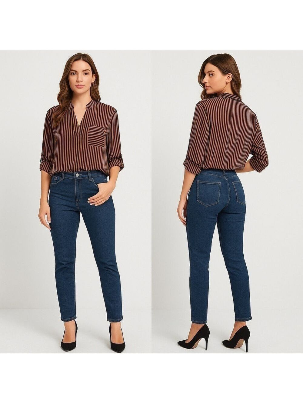 SHEIN👚 Striped Blouse Duo/Set — Navy🤍 & Rust🖤 — Size M Workwear Tops✨ - Picture 6 of 13